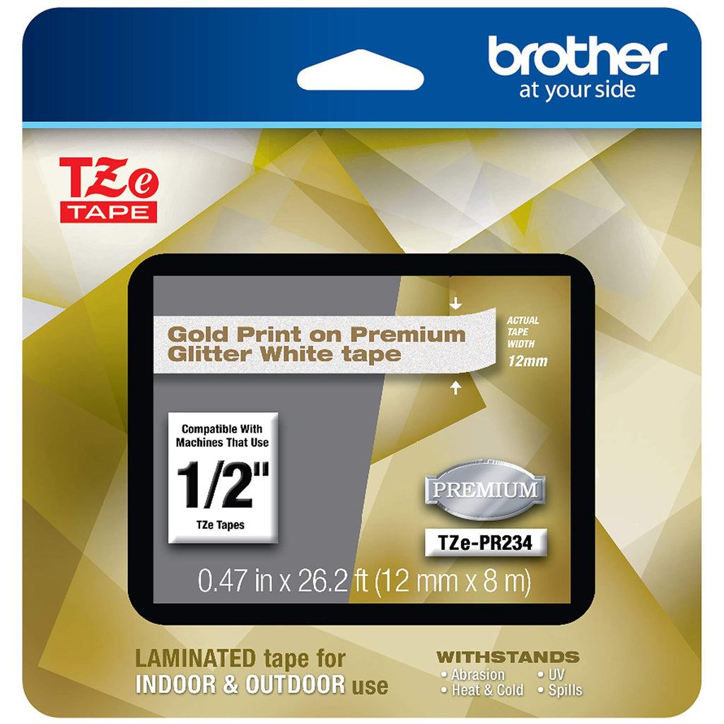 Brother P-touch TZe-PR234 Gold Print on Premium Glitter White Laminated Tape 12mm (0.47”) wide x 8m (26.2’) long, TZEPR234 Gold on Glitter White TZe Tape