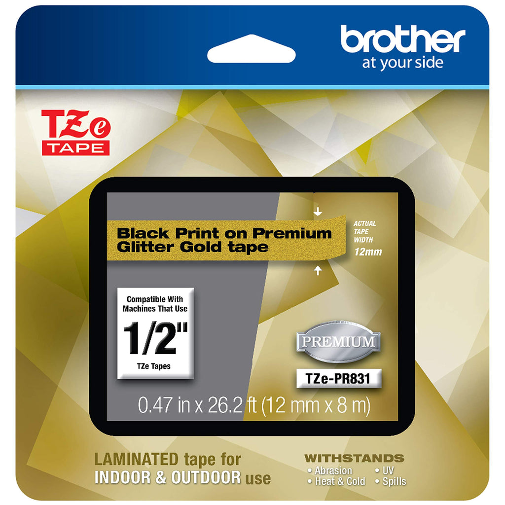 Brother P-touch TZe-PR831 Black Print on Premium Laminated Tape 12mm (0.47”) wide x 8m (26.2’) long, Glitter Gold, TZEPR831 Black on Glitter Gold TZe Tape