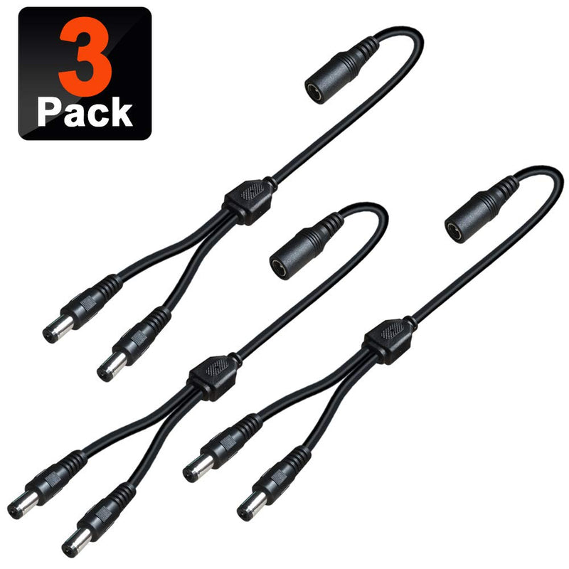 SIOCEN 3 Pack DC Power 1 Female to 2 Male 5.5mm x 2.1mm DC Power Supply Splitter Cable Cord, Y Splitter Adapter Wire,2 Way Y-Cable for Security CCTV Parking Camera, LED Strip Light Black