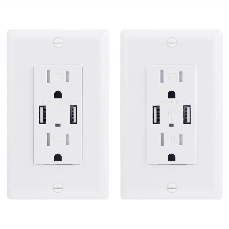 (Pack of 2) Two 4.8A USB Ports and Duplex Tamper Resistant Receptacle 15-Amp - White USB Charger Power Outlet - UL Listed High Speed Dual USB Electrical Wall Outlet - Wall Plate Included
