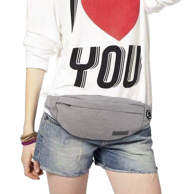 MAXTOP Fanny Pack for Men Women Waist Pack Bag with Headphone Jack and 3-Zipper Pockets Adjustable Straps Light Grey Medium