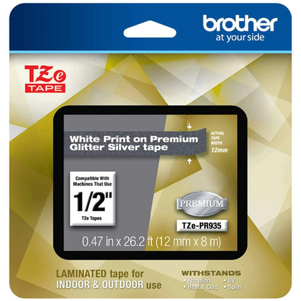 Brother Genuine P-touch TZe-PR935 White Print on Premium Glitter Silver Laminated Tape 12mm (0.47”) wide x 8m (26.2’) long, TZEPR935 White on Glitter Silver TZe Tape