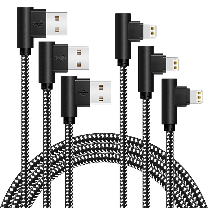 Made for The Game Connecting Cable, [3-Pack] 6ft 90 Degree Durable and Fast Charging Cable Compatible with iPhone Xs Max/XS/XR/7/7Plus/X/8/8Plus/6S/6S Plus/SE (6ft, Black White)