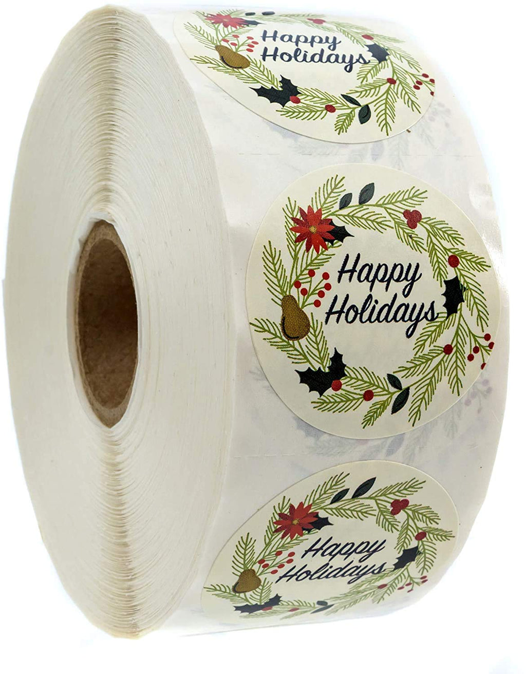 Ivory Holiday Floral Happy Holidays Stickers - 1.5" Circle Labels / 1000 per Pack