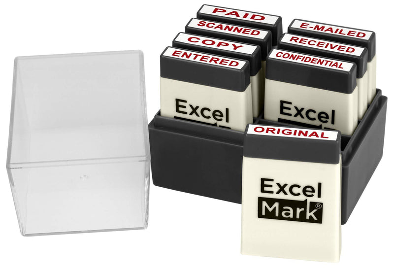 ExcelMark Mini Office Message Rubber Stamp Set - Red Ink - Storage Tray Included