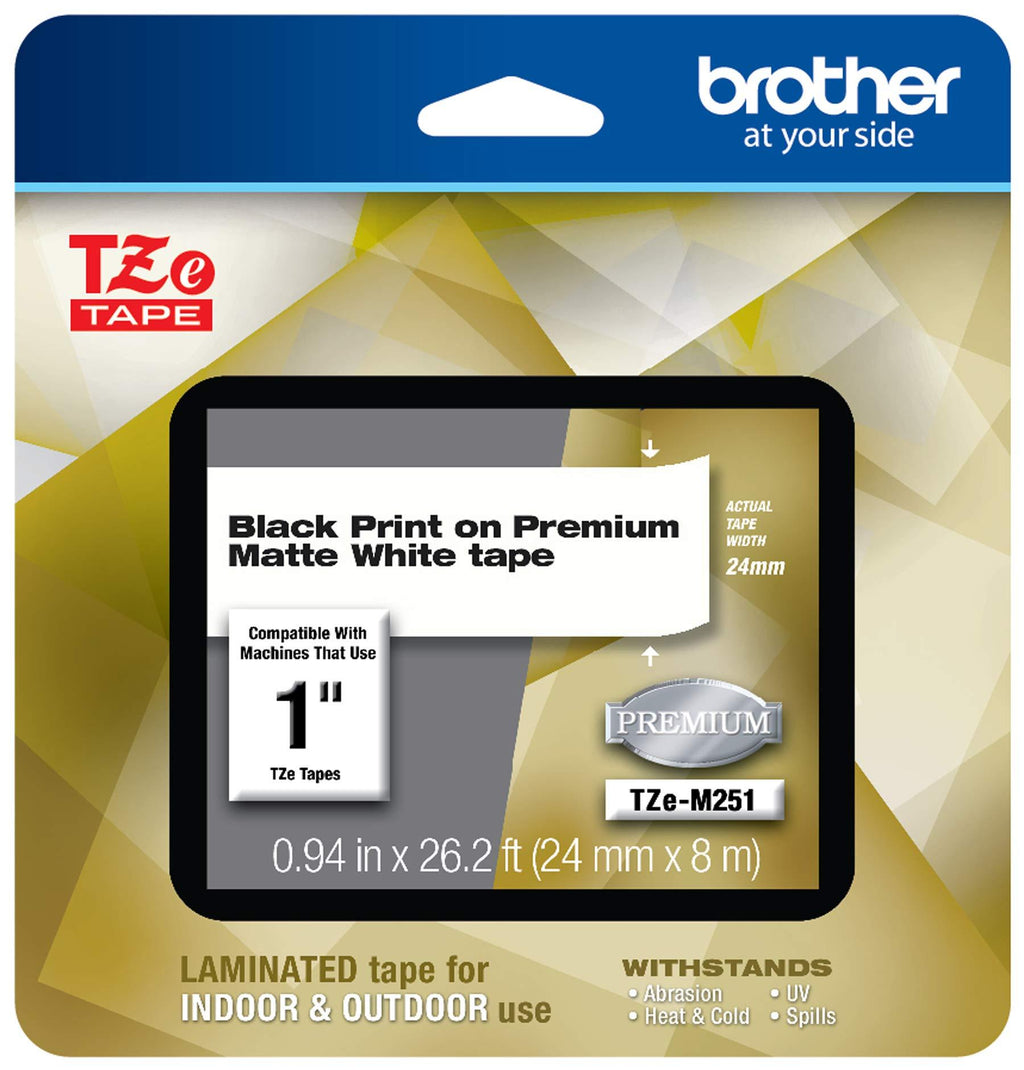 Brother P-touch TZe-M251 Black Print on Premium Matte White Laminated Tape 24mm (0.94”) wide x 8m (26.2’) long