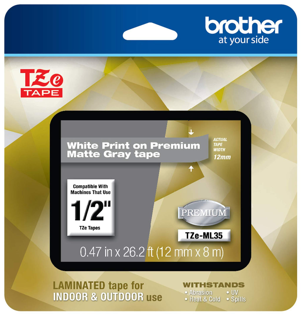 Brother P-Touch TZe-ML35 White Print on Premium Matte Gray Laminated Tape 12mm (0.47”) wide x 8m (26.2’) long, TZEML35 White on Matte Gray TZe Tape