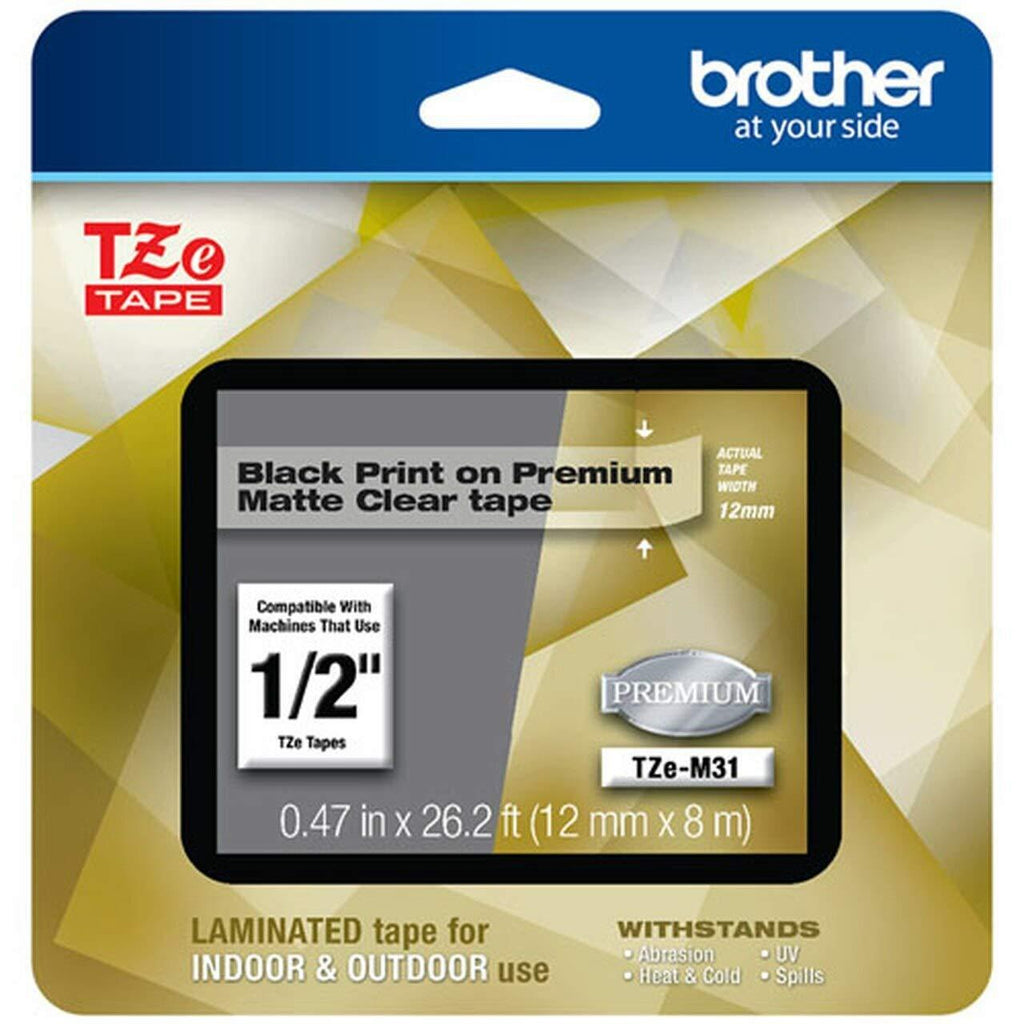 Brother P-touch TZe-M31 Black Print on Premium Matte Clear Laminated Tape 12mm (0.47”) wide x 8m (26.2’) long, TZEM31 Black on Matte Clear TZe Tape