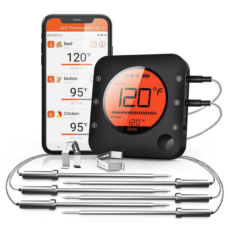 Bluetooth Meat Thermometer Wireless Meat Thermometer, Wireless Digital Grill Thermometer with 6 Temperature Probes, Large LCD Display, Bluetooth Thermometer for Grill, Smoker, Oven, Cooking and BBQ 6 Probes Black