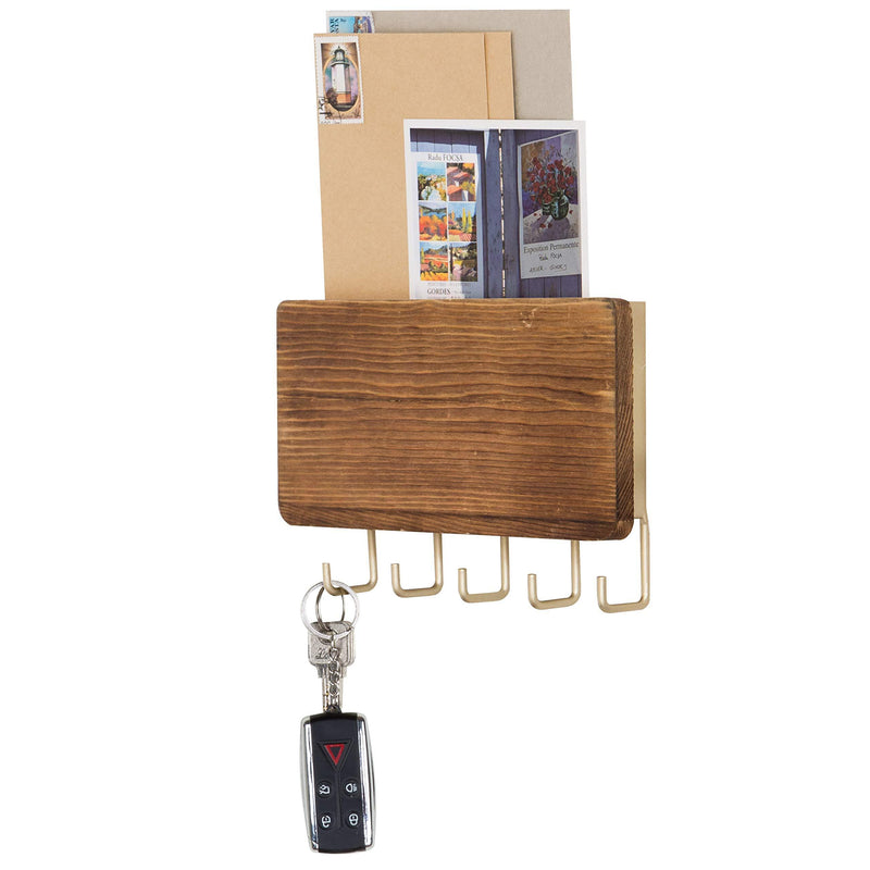 MyGift Wood & Brass-Tone Metal Wall-Mounted Entryway Mail Letter Holder Rack with 5 Key Hooks