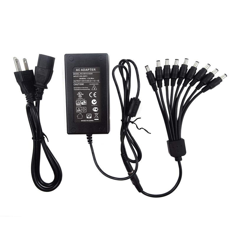 TIGERSECU Security Camera Power Adapter with 9-Way Power Splitter, 12V 5A 100V-240V Power Supply, Compatible with Lorex, Samsung, Q-See, Night Owl, Swann and Annke Cameras Power Adapter/9-Way Splitter Set