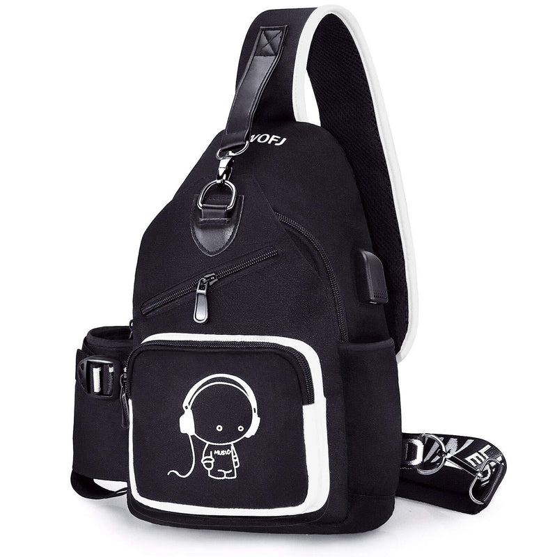 Sling Bag for Mens Women with USB Charger Port, Small Chest Pack with Side Pocket, Fashion Travel School Shoulder Backpack Usb+music Black