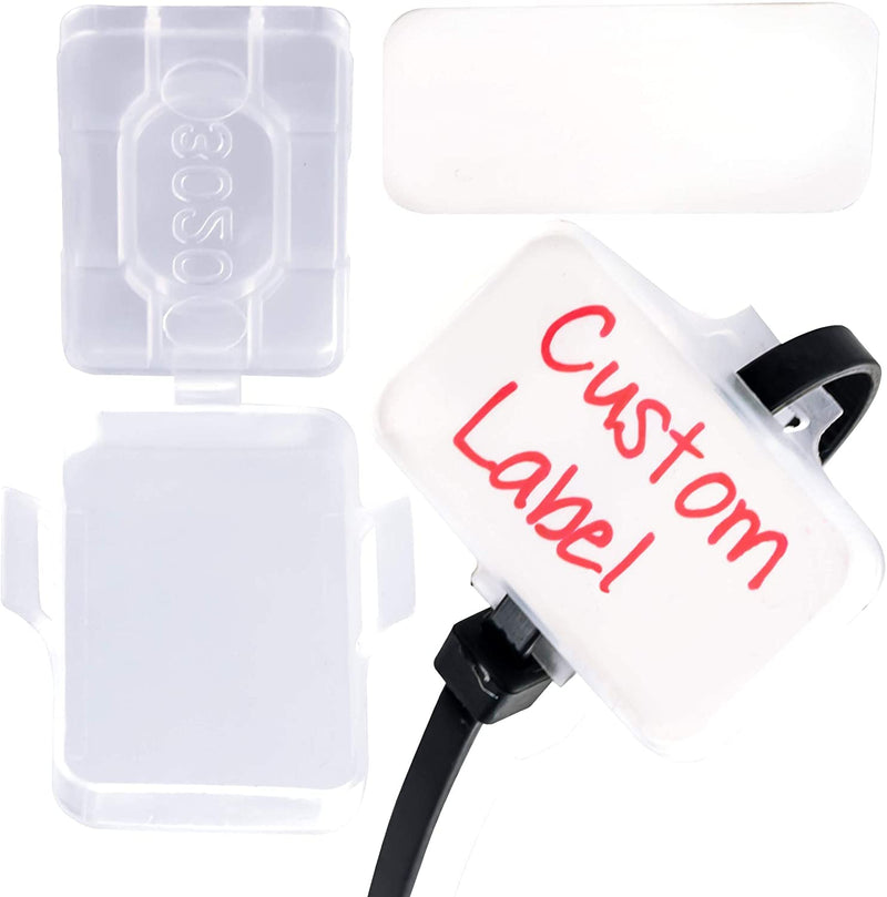 Heavy Duty Zip Tie Labels for Cables and Cords, 50Pk. Durable, Protective Box Attaches to Zip Ties for Easy Cord and Cable Organization. Best Reusable Wire Management Ties. Includes Easy Write Inserts
