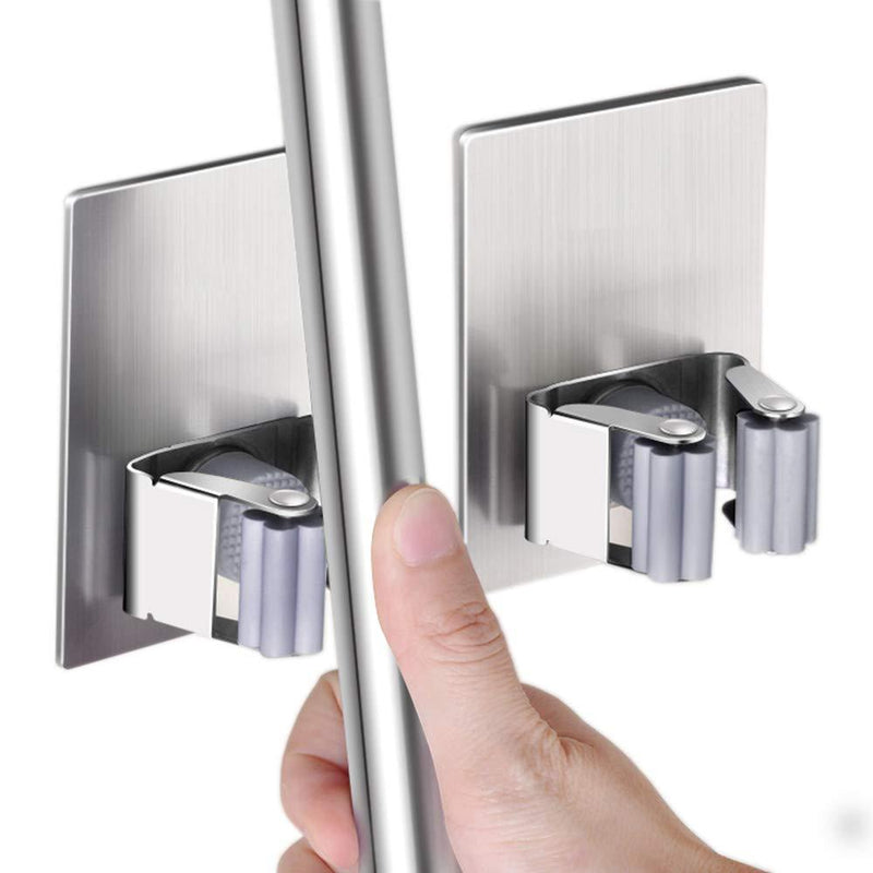 HANZE 2 Pack Stainless Steel Mop Broom Holder Organizer, Self Adhesive Wall Mounted Mop Organizer Storage Rack Clip for Kitchen Bathroom and Garage (Rectangle, Large) 2 Pack (Rectangle)