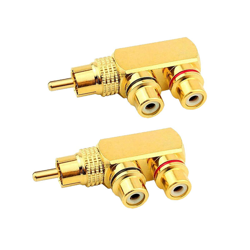 Kework 2-Pack 90 Degree Right Angle RCA Splitter,1RCA Male to 2RCA Female AV Splitter Adapter Connector,Gold Plated (1 to 2 Way) 1 to 2 Way