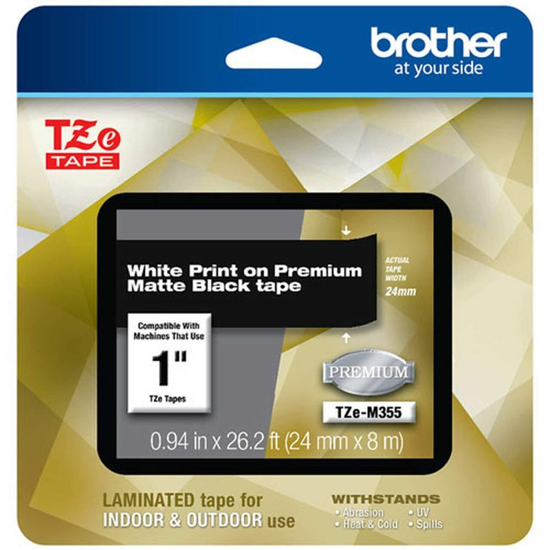 Brother P-touch TZe-M355 White Print on Premium Matte Black Laminated Tape 24mm (0.94”) wide x 8m (26.2’) long