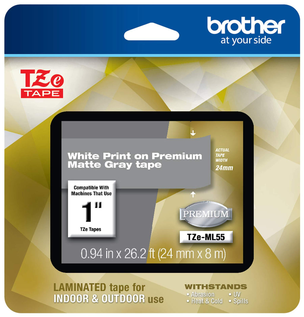 Brother P-touch TZe-ML55 White Print on Premium Matte Gray Laminated Tape 24mm (0.94”) wide x 8m (26.2’) long