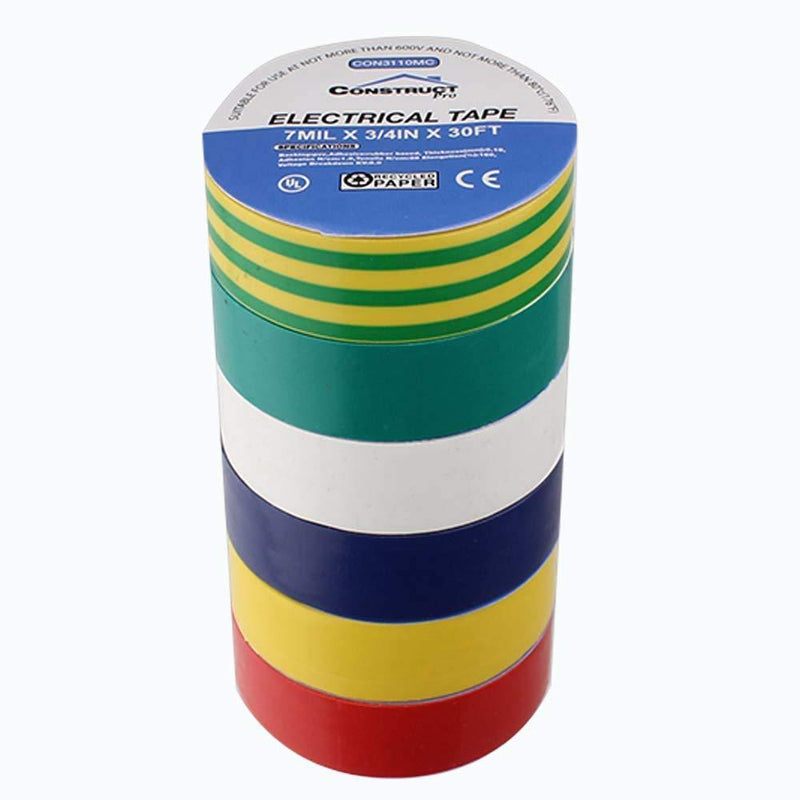 Construct Pro 3/4in x 30ft UL-Listed Electrical Tape, 6 Pack (Multi-Color)