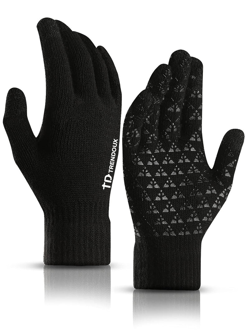 TRENDOUX Winter Gloves for Men and Women - Upgraded Touch Screen Anti-Slip Silicone Gel - Elastic Cuff - Thermal Soft Wool Lining - Knit Stretchy Material Black Medium