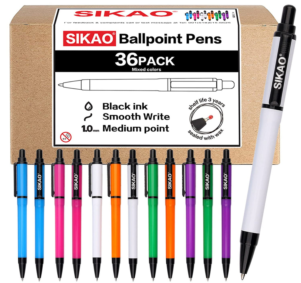 Pens Bulk SIKAO Nicely Retractable Ballpoint Pens Black Ink Medium Point, Smooth Writing Pens for Journaling No Bleed Office Pens Server Pens (36Pack Assorted) 36-Pack