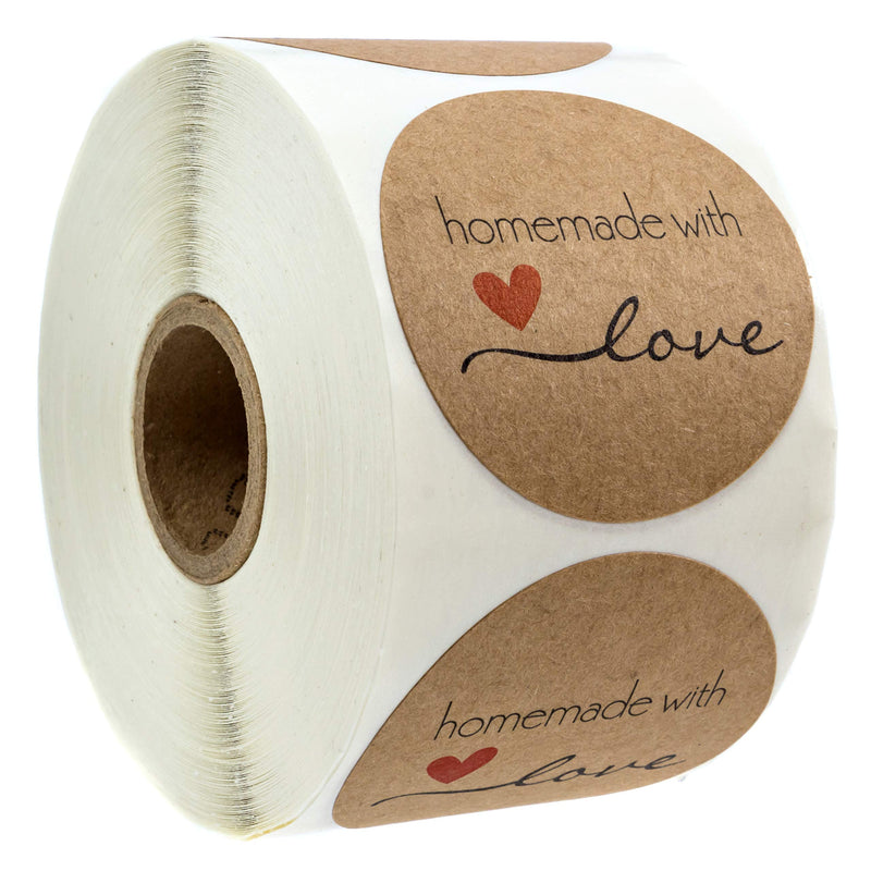 2" Inch Round Natural Kraft Homemade with Love Stickers / 500 Labels per roll