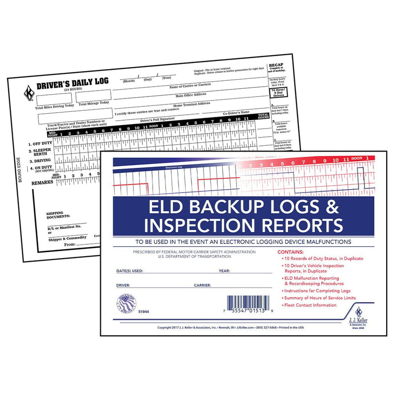 ELD Backup Driver Log Book 5-pk. with Detailed Driver Vehicle Inspection Report & Daily Recap - Book Format, 2-Ply Carbonless, 8.5" x 5.5", 10 Sets of Forms Per Book - J. J. Keller & Associates 5-pack