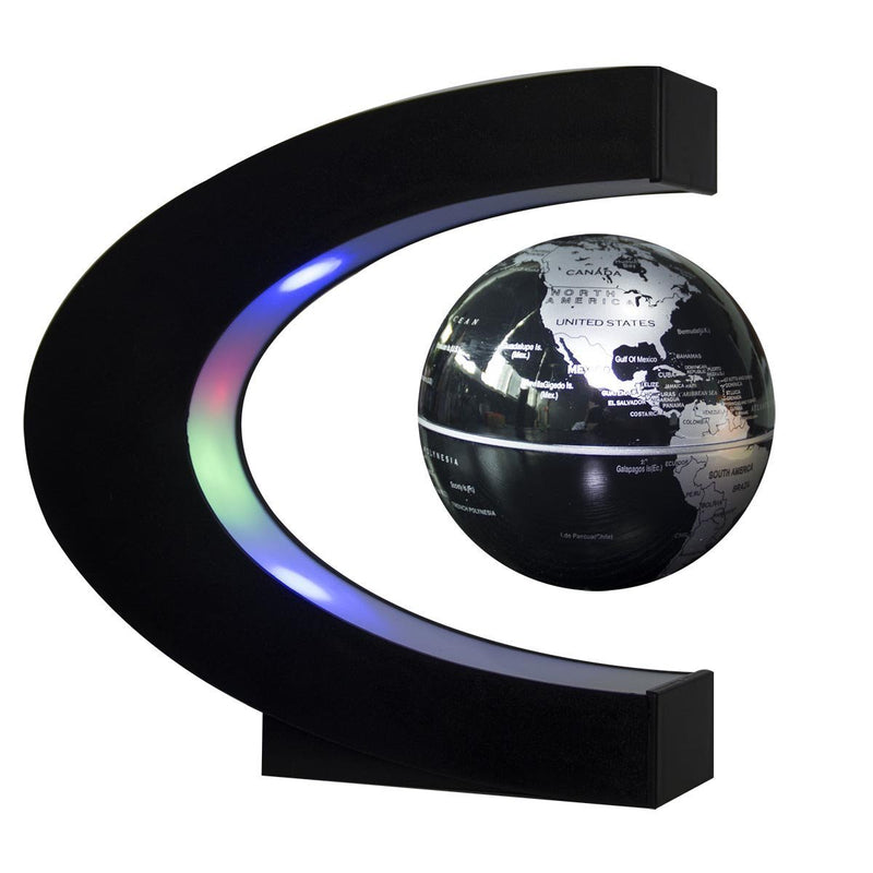 Estefanlo Floating Globe with LED Lights C Shape Magnetic Levitation Floating Globe World Map for Desk Decoration (Black-Silver) Black-silver