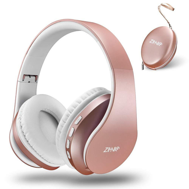 Bluetooth Headphones Over-Ear, Zihnic Foldable Wireless and Wired Stereo Headset Micro SD/TF, FM for Cell Phone,PC,Soft Earmuffs &Light Weight for Prolonged Waring(Rose Gold) Rose Gold