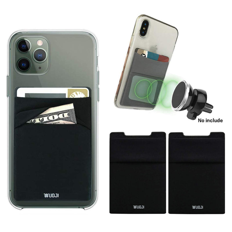 [2pc] 3 in 1 RFID Blocking Metal Plate Phone Card Wallet - Double Secure Pocket - Mounts to Magnets -Self Adhesive Credit Card Holder Phone Wallet Sticker for All Smartphones(Black) Black