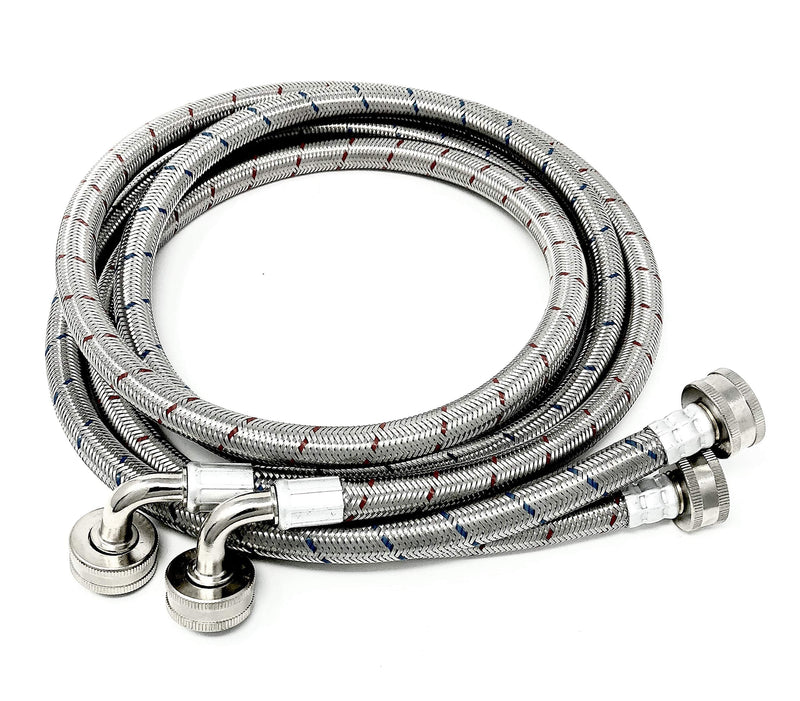 2-Pack Premium Stainless Steel Washing Machine Hoses - 5 FT No-Lead Burst Proof Red and Blue Lined Water Inlet Supply Lines - Universal 90 Degree Elbow Connection - 10 Year Warranty
