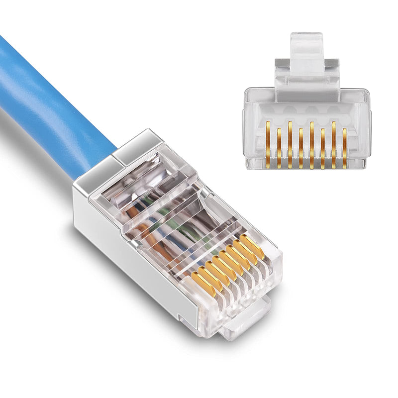 Shielded Cat6 RJ45 Connectors - iGreely 50-Pack Gold Plated RJ45 Cat6/Cat5E/Cat5 8P8C 50 Micron 50u 3 Prong FTP STP Ethernet Cable Crimp Modular Plug