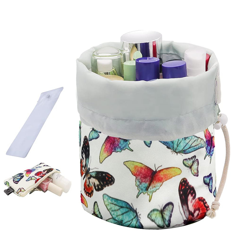 UYRIE Portable Makeup Toiletry Cosmetic Travel Organizer Bag, Large Drawstring Hanging Packing Bag for Women Girl Men, Lightweight Multifunctional Barrel Shaped Storage Bag Butterfly Family