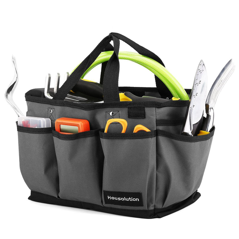 Housolution Gardening Tote Bag, Deluxe Garden Tool Storage Bag and Home Organizer with Pockets, Wear-Resistant & Reusable, 14 Inch, Gray + Black Gray & Black