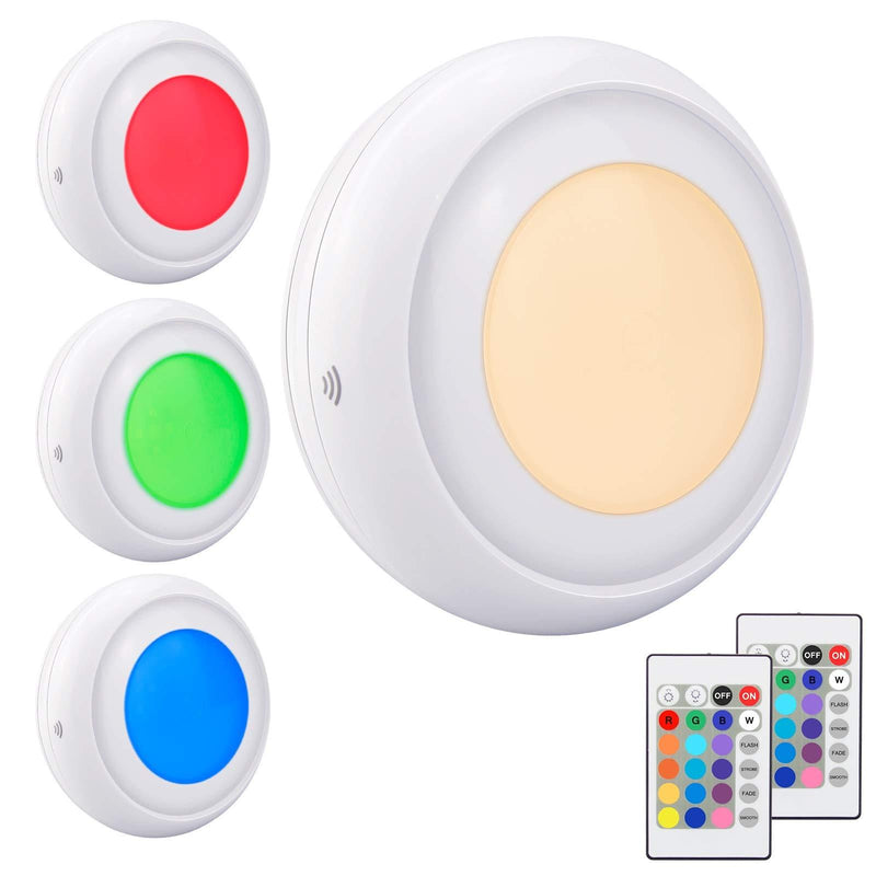LUXSWAY Battery LED Color Puck Lights| Stick Up Push Lights with Remote| 16 Color Changing LED Fairy Lights| Wireless Tap Lights| Dimmable Under Cabinet Light| Battery Powered RGB Night Light -4Pack