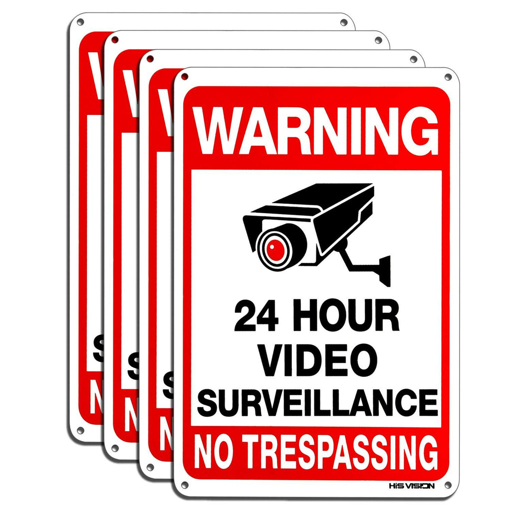 Video Surveillance Sign 4-Pack, HISVISION No Trespassing Metal Reflective Warning Sign,UV Protected & Waterproof, 10"x 7" 0.40 Aluminum Indoor Or Outdoor Use for Home Business CCTV Security Camera 10X7in-4Pack