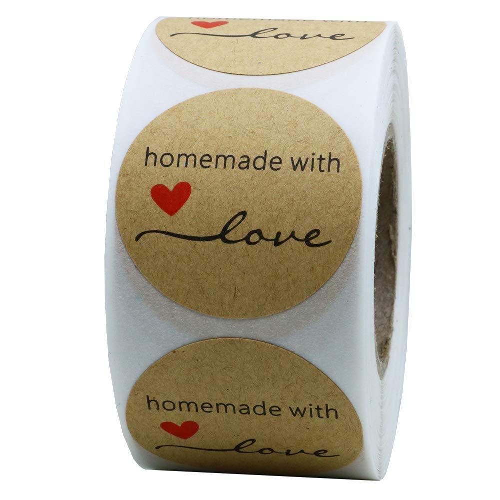 Hybsk Kraft Homemade with Love Stickers 1.5" Inch Round Total 500 Adhesive Labels Per Roll (Kraft)