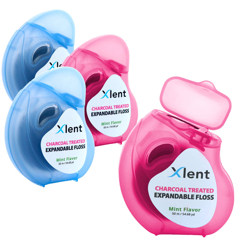 Expandable Floss Treated with Activated Charcoal with Xylitol and Natural Plant Based Wax |Fresh Mint Flavor | 50 Meter (4 Count) 4 Count (Pack of 1)
