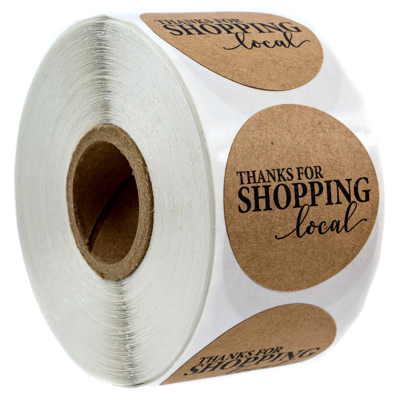 1.5" Round Kraft Thanks for Shopping Local Stickers / 500 Labels Per Roll