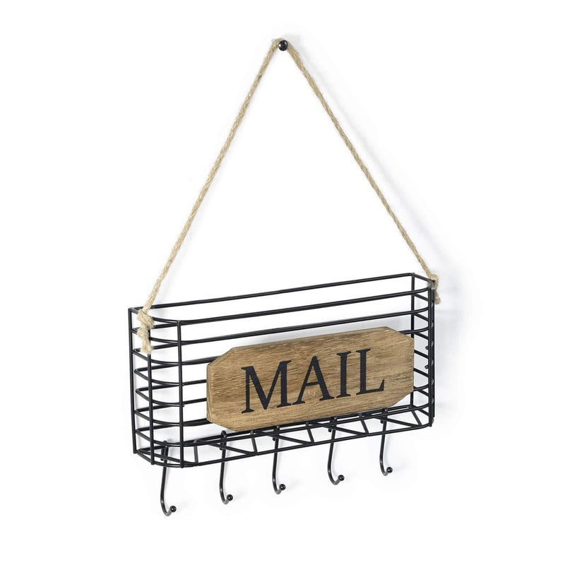 SRIWATANA Mail Holder, Rustic Mail Organizer Wall Mount Hanging Mail Sorter Letter Basket with 5 Key Holder Hooks, Small Size, Carbonized Black