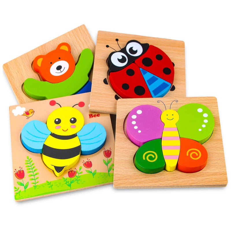 SKYFIELD Wooden Animal Puzzles for Toddlers 1 2 3 Years Old, Boys & Girls Educational Toys Gift with 4 Animals Patterns, Bright Vibrant Color Shapes, Customized Gift Box Ready Animal 1