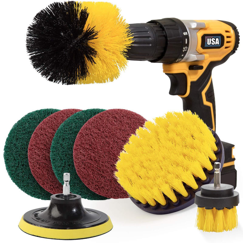 Holikme 8 Piece Drill Brush Attachment Set Scouring Pads Power Scrubber Brush Scrub Pads for Bathroom Surfaces, Floor, Tub, Shower, Grout, Tile, Corners Yellow