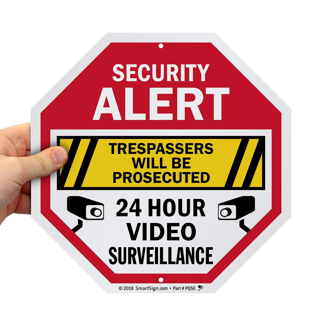 SmartSign Security Alert Sign - Trespassers Will Be Prosecuted, Video Surveillance 24 Hour Sign | 10x10 Octagon Metal, Reflective Aluminum, Outdoor/Wall/Fence 10" Reflective Aluminum Sign