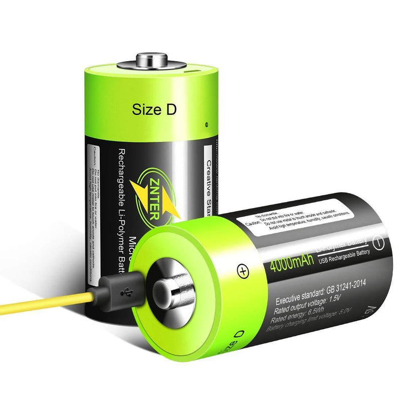 D Cell Batteries - USB Rechargeable Lithium D Batteries - 1.5V / 4000mAh (2-Pack) - Not NI-MH/NI-CD/Alkaline Batteries - ECO-Friendly & Recyclable - No Memory Effect D Cell 2 Pack