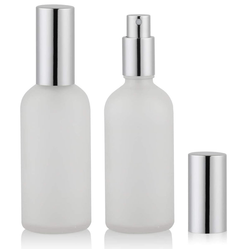 Empty Frosted Glass Spray Bottle 3.4oz, Perfume Atomizer, Fine Mist Spray (2 PACK) 3.4 Ounce (Pack of 2) Silver Frosted