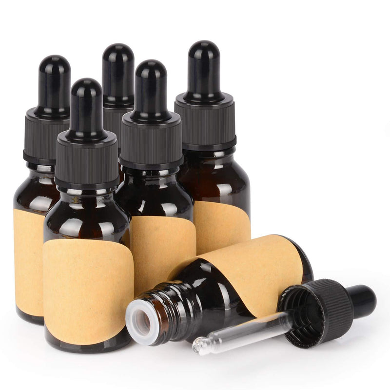 StonyLab 15ml (0.5 oz) 6-Pack, Amber Glass Dropper Bottle, Brown Empty Glass Bottle with Glass Dropper, Inner Plug and Label for Essential Oils Aromatherapy Fragrances 6 Pack