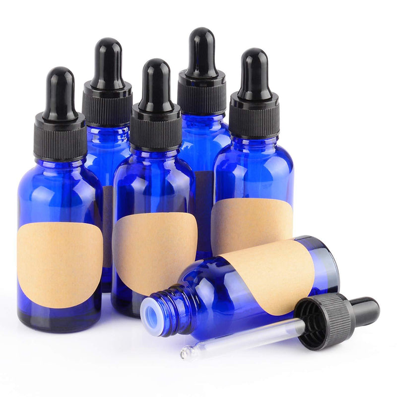 StonyLab 30ml (1 oz) 6-Pack, Cobalt Glass Dropper Bottle, Blue Empty Glass Bottle with Glass Dropper, Inner Plug and Label for Essential Oils Aromatherapy Fragrances 6 Pack