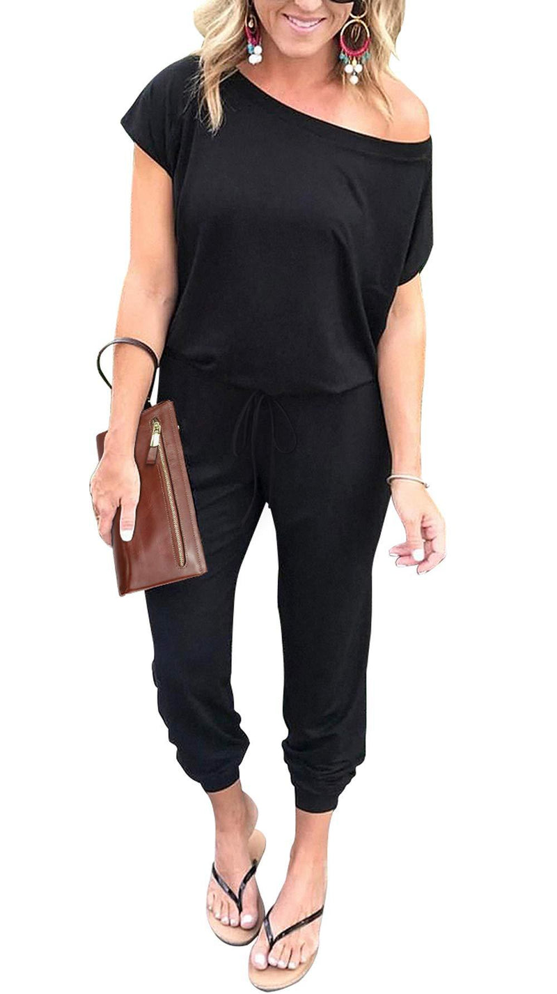 PRETTYGARDEN Women's Loose Solid Off Shoulder Elastic Waist Stretchy Long Romper Jumpsuit Black Small