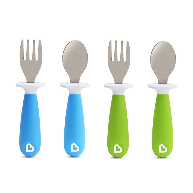 Munchkin 4 Count Raise Toddler Fork and Spoon, Blue/Green, 12+ 4 Pack