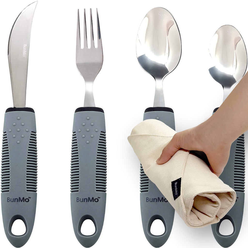 BunMo Adaptive Utensils for Elderly/Arthritis/Weak Hand Grip & Handicapped - Convenient Travel Pouch