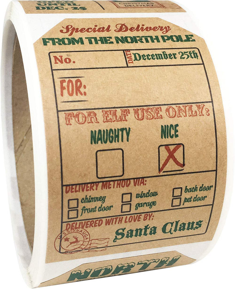 Natural Kraft from Santa Claus Stickers, 2” x 3” Inch Christmas Gift Tags 100 Total Labels